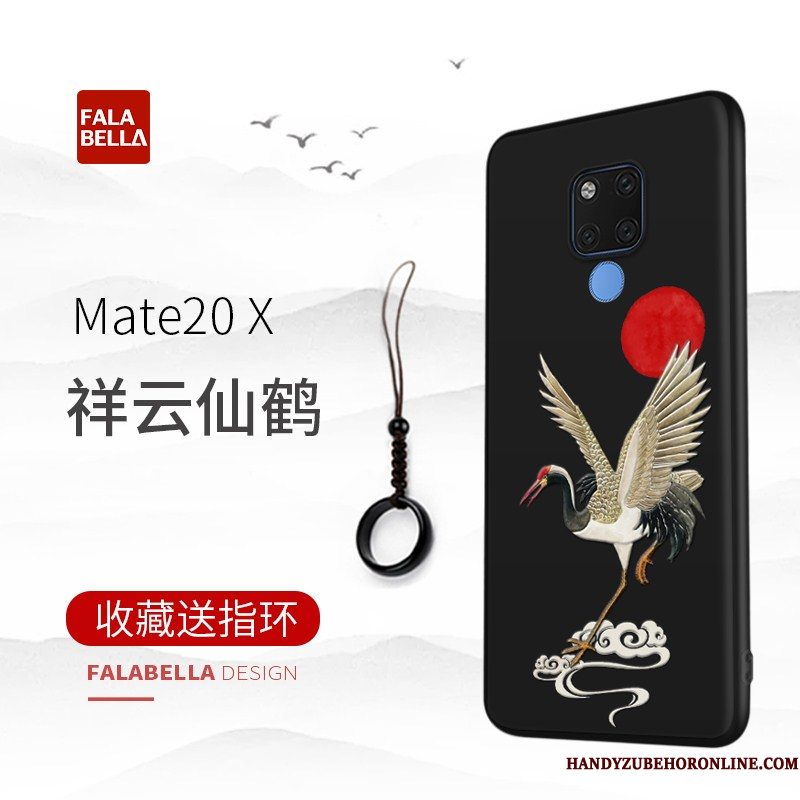 Hoesje Huawei Mate 20 X Reliëf Zwart Echte, Hoes Huawei Mate 20 X Bescherming Duntelefoon