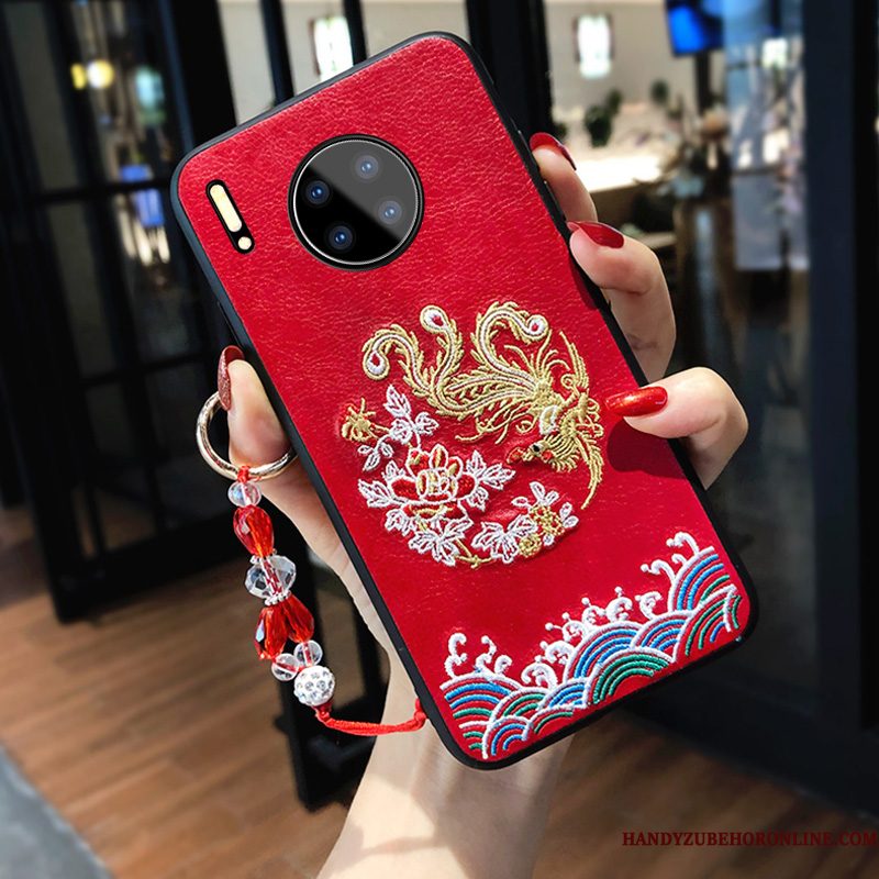 Hoesje Huawei Mate 30 Zakken Chinese Stijl Borduurwerk, Hoes Huawei Mate 30 Siliconen Anti-fall Rood