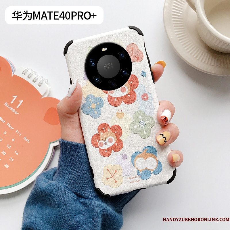 Hoesje Huawei Mate 40 Pro+ Zijde Anti-fall Wit, Hoes Huawei Mate 40 Pro+ Leer Bloementelefoon