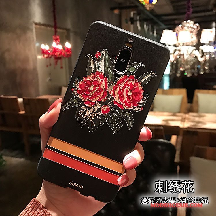 Hoesje Huawei Mate 8 Zacht Bloemen Borduurwerk, Hoes Huawei Mate 8 Reliëf Telefoon Zwart