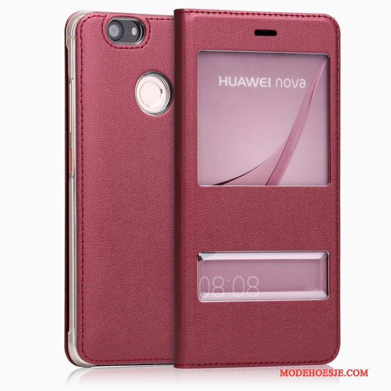 Hoesje Huawei Nova Leer Hogetelefoon, Hoes Huawei Nova Folio Anti-fall Wijnrood