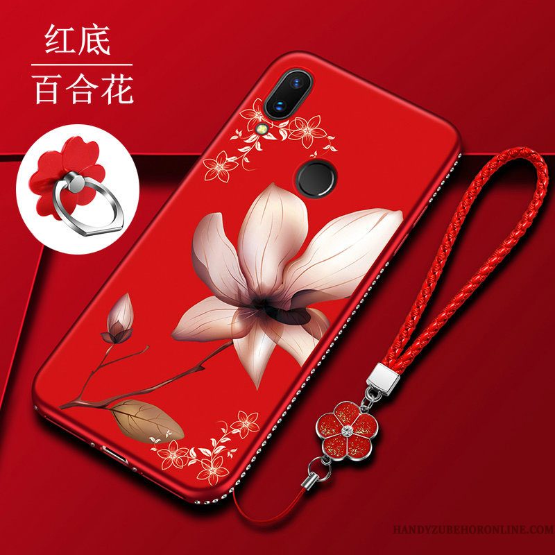 Hoesje Huawei P Smart 2019 Bescherming Telefoon Rood, Hoes Huawei P Smart 2019 Zacht Schrobben Bloemen