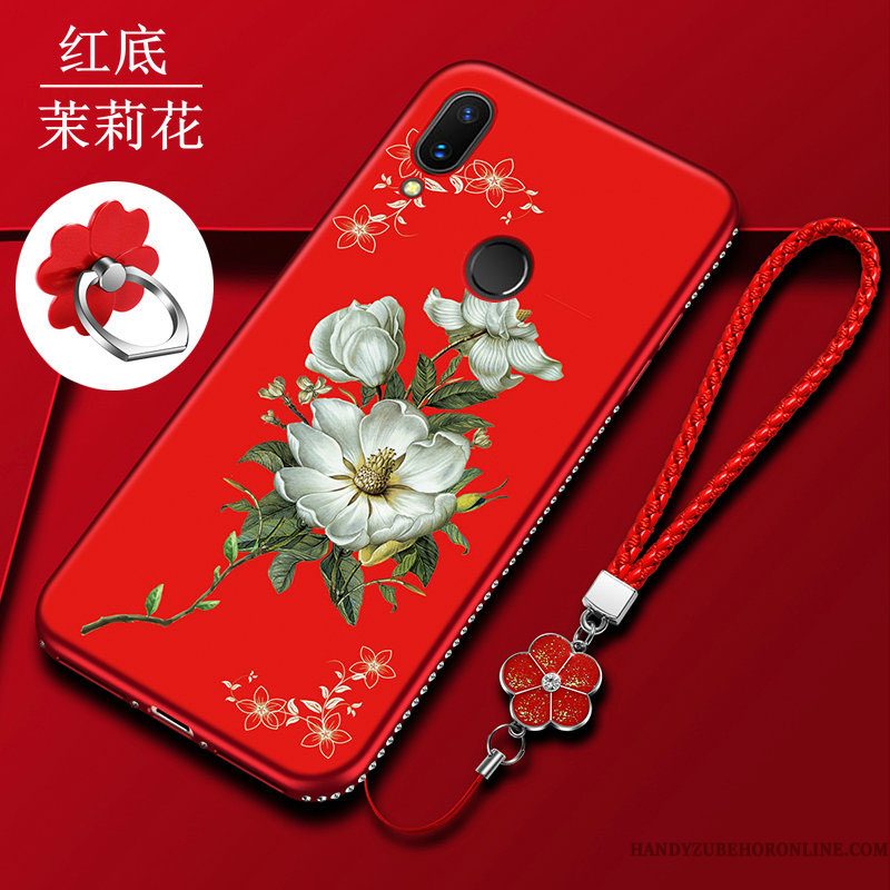 Hoesje Huawei P Smart 2019 Bescherming Telefoon Rood, Hoes Huawei P Smart 2019 Zacht Schrobben Bloemen