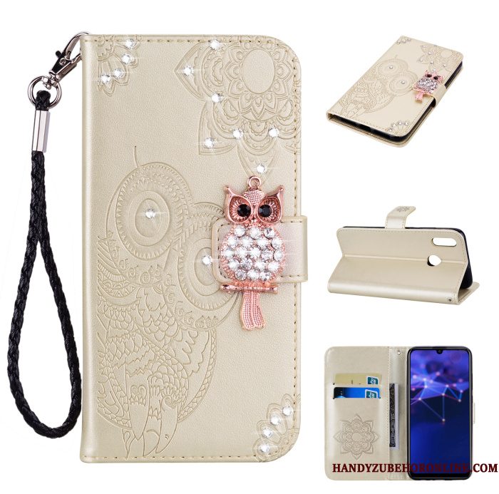 Hoesje Huawei P Smart 2019 Leer Hanger Kat, Hoes Huawei P Smart 2019 Strass Rose Goudtelefoon