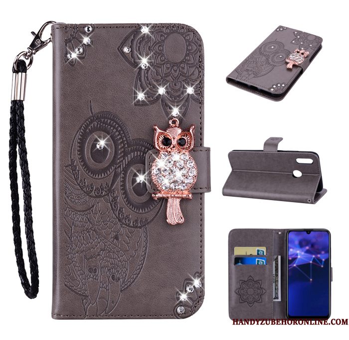 Hoesje Huawei P Smart 2019 Leer Hanger Kat, Hoes Huawei P Smart 2019 Strass Rose Goudtelefoon