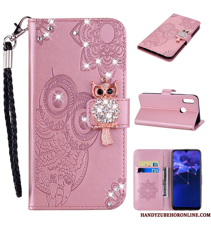 Hoesje Huawei P Smart 2019 Leer Hanger Kat, Hoes Huawei P Smart 2019 Strass Rose Goudtelefoon