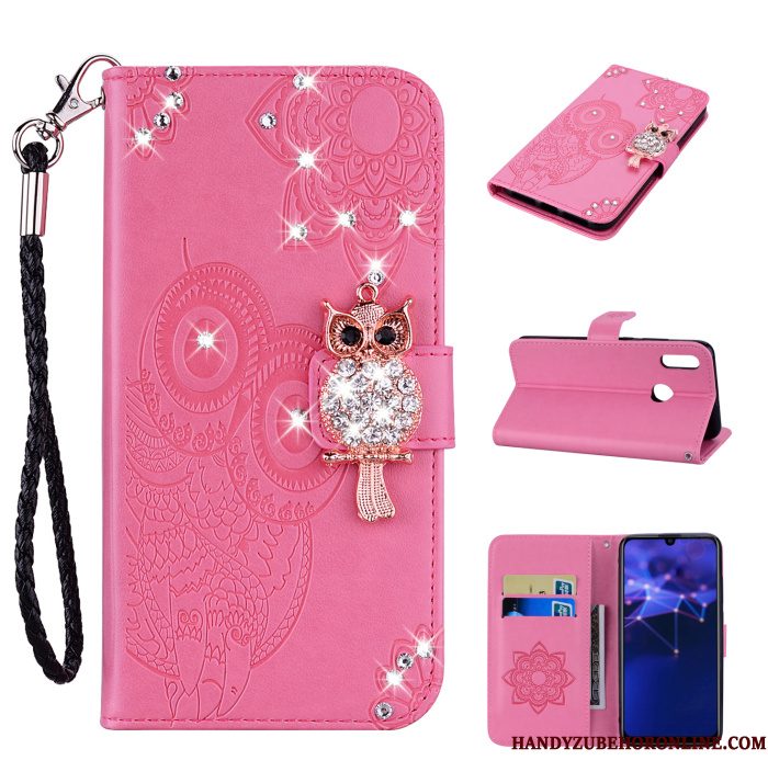 Hoesje Huawei P Smart 2019 Leer Hanger Kat, Hoes Huawei P Smart 2019 Strass Rose Goudtelefoon