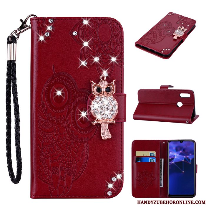 Hoesje Huawei P Smart 2019 Leer Hanger Kat, Hoes Huawei P Smart 2019 Strass Rose Goudtelefoon