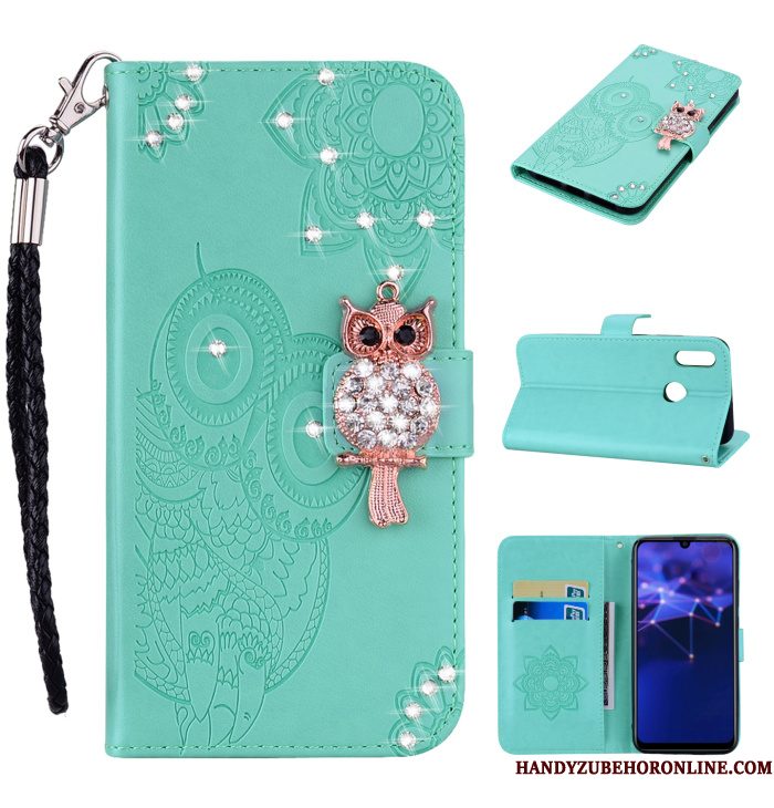 Hoesje Huawei P Smart 2019 Leer Hanger Kat, Hoes Huawei P Smart 2019 Strass Rose Goudtelefoon