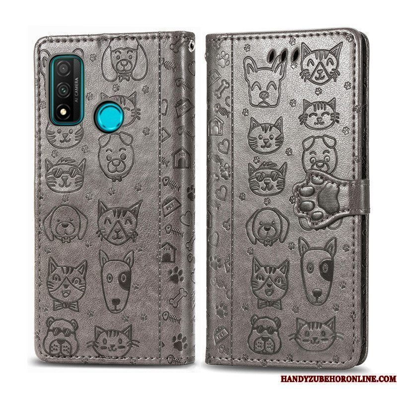 Hoesje Huawei P Smart 2020 Reliëf Reliëf Hond, Hoes Huawei P Smart 2020 Leer Kat Blauw