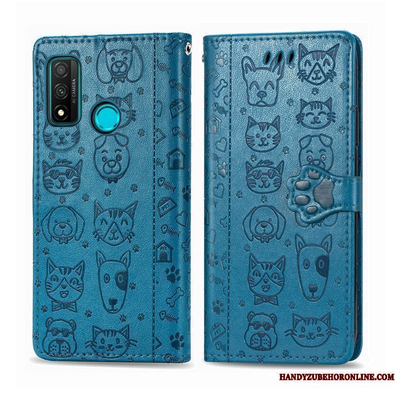 Hoesje Huawei P Smart 2020 Reliëf Reliëf Hond, Hoes Huawei P Smart 2020 Leer Kat Blauw