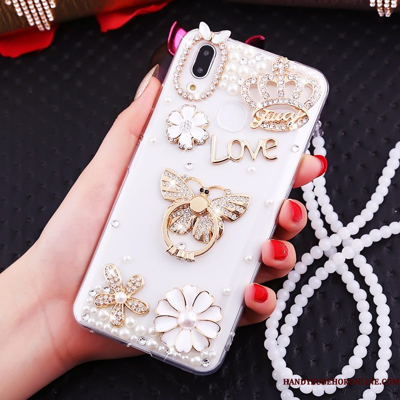 Hoesje Huawei P Smart+ Strass Kraal Ketting Wit, Hoes Huawei P Smart+ Ring Net Red