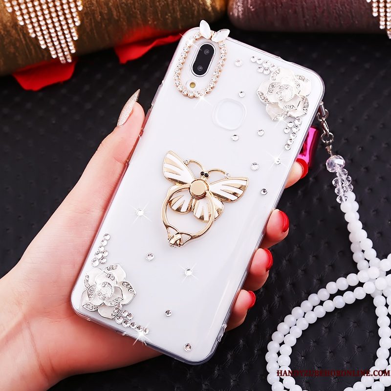 Hoesje Huawei P Smart+ Strass Kraal Ketting Wit, Hoes Huawei P Smart+ Ring Net Red