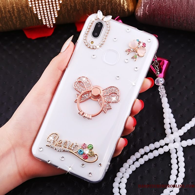 Hoesje Huawei P Smart+ Strass Kraal Ketting Wit, Hoes Huawei P Smart+ Ring Net Red