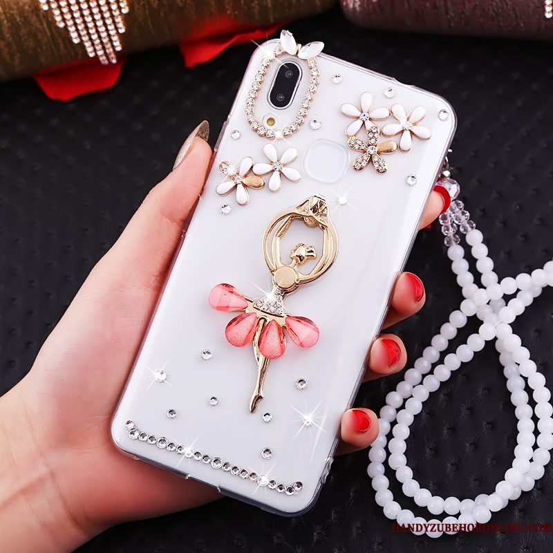 Hoesje Huawei P Smart+ Strass Kraal Ketting Wit, Hoes Huawei P Smart+ Ring Net Red