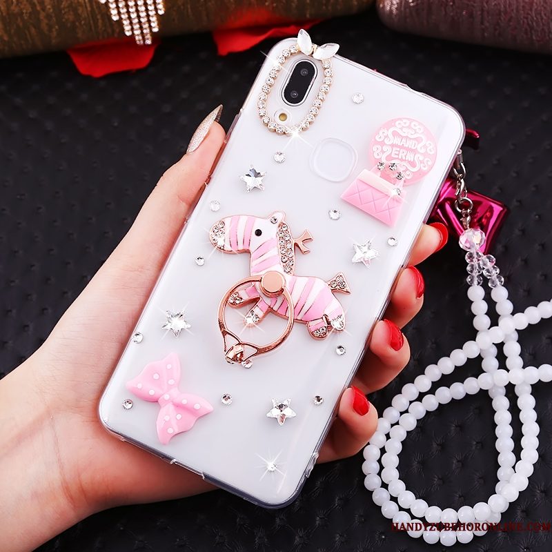 Hoesje Huawei P Smart+ Strass Kraal Ketting Wit, Hoes Huawei P Smart+ Ring Net Red