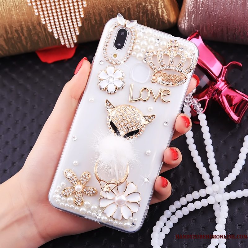 Hoesje Huawei P Smart+ Strass Kraal Ketting Wit, Hoes Huawei P Smart+ Ring Net Red