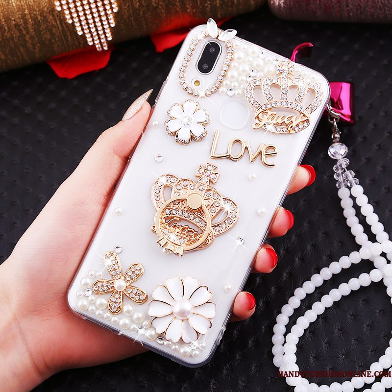 Hoesje Huawei P Smart+ Strass Kraal Ketting Wit, Hoes Huawei P Smart+ Ring Net Red