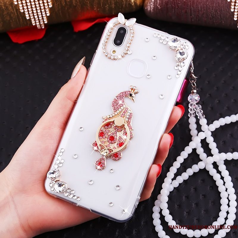 Hoesje Huawei P Smart+ Strass Kraal Ketting Wit, Hoes Huawei P Smart+ Ring Net Red