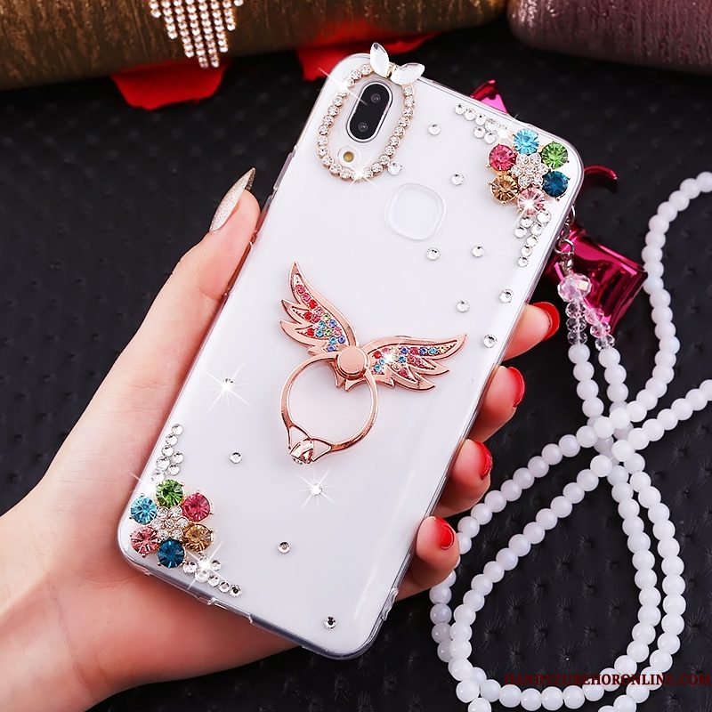 Hoesje Huawei P Smart+ Strass Kraal Ketting Wit, Hoes Huawei P Smart+ Ring Net Red