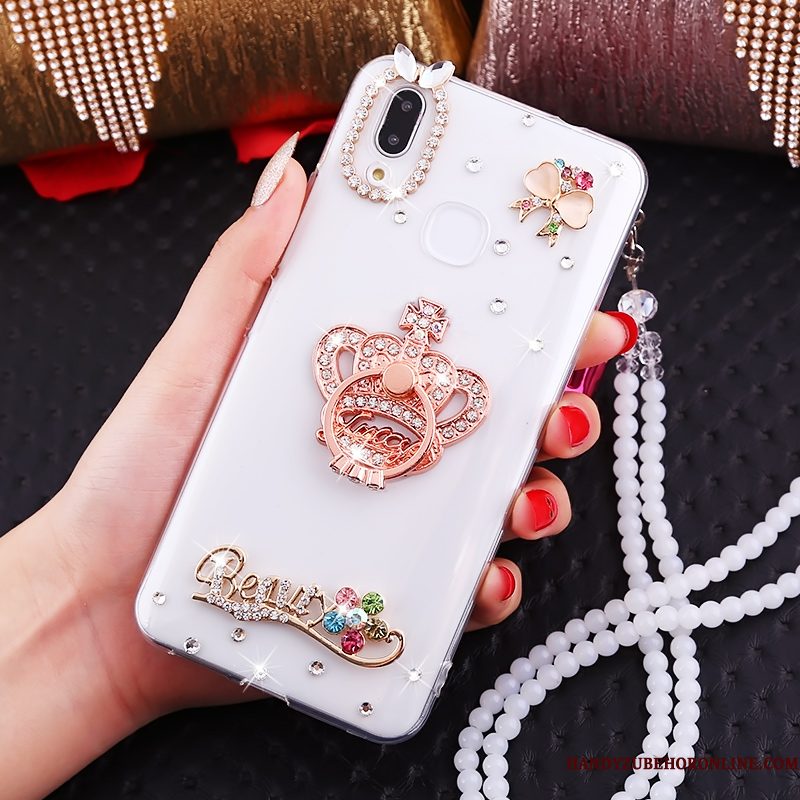 Hoesje Huawei P Smart+ Strass Kraal Ketting Wit, Hoes Huawei P Smart+ Ring Net Red