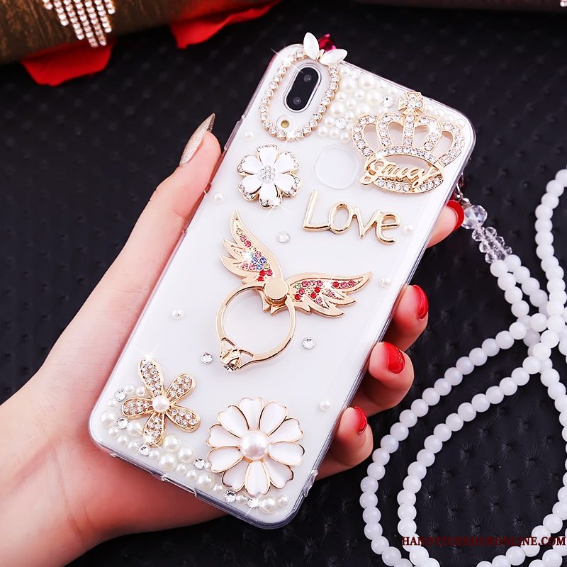 Hoesje Huawei P Smart+ Strass Kraal Ketting Wit, Hoes Huawei P Smart+ Ring Net Red