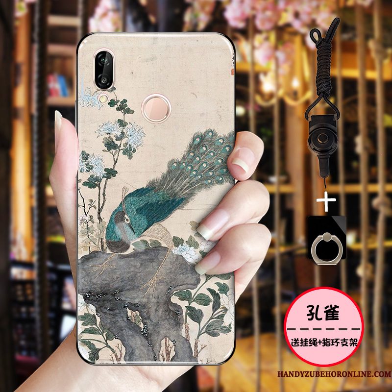 Hoesje Huawei P Smart+ Zacht Eenvoudige Inkt, Hoes Huawei P Smart+ Bescherming Chinese Stijl Roze