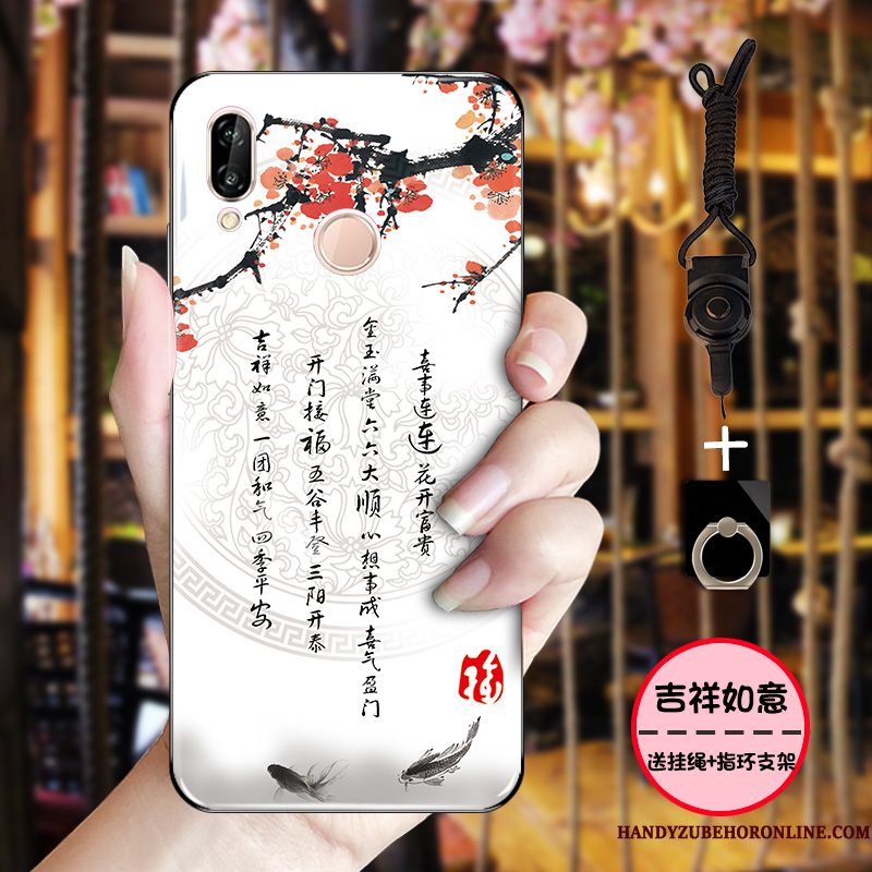 Hoesje Huawei P Smart+ Zacht Eenvoudige Inkt, Hoes Huawei P Smart+ Bescherming Chinese Stijl Roze