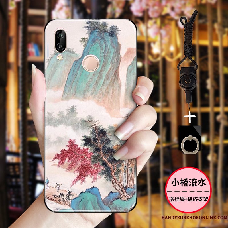 Hoesje Huawei P Smart+ Zacht Eenvoudige Inkt, Hoes Huawei P Smart+ Bescherming Chinese Stijl Roze