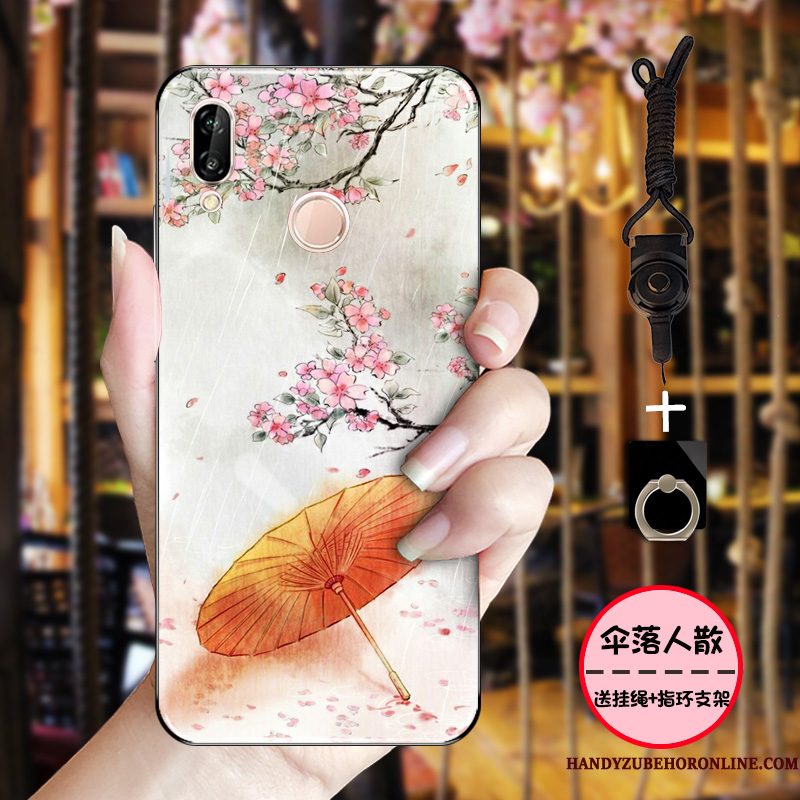 Hoesje Huawei P Smart+ Zacht Eenvoudige Inkt, Hoes Huawei P Smart+ Bescherming Chinese Stijl Roze