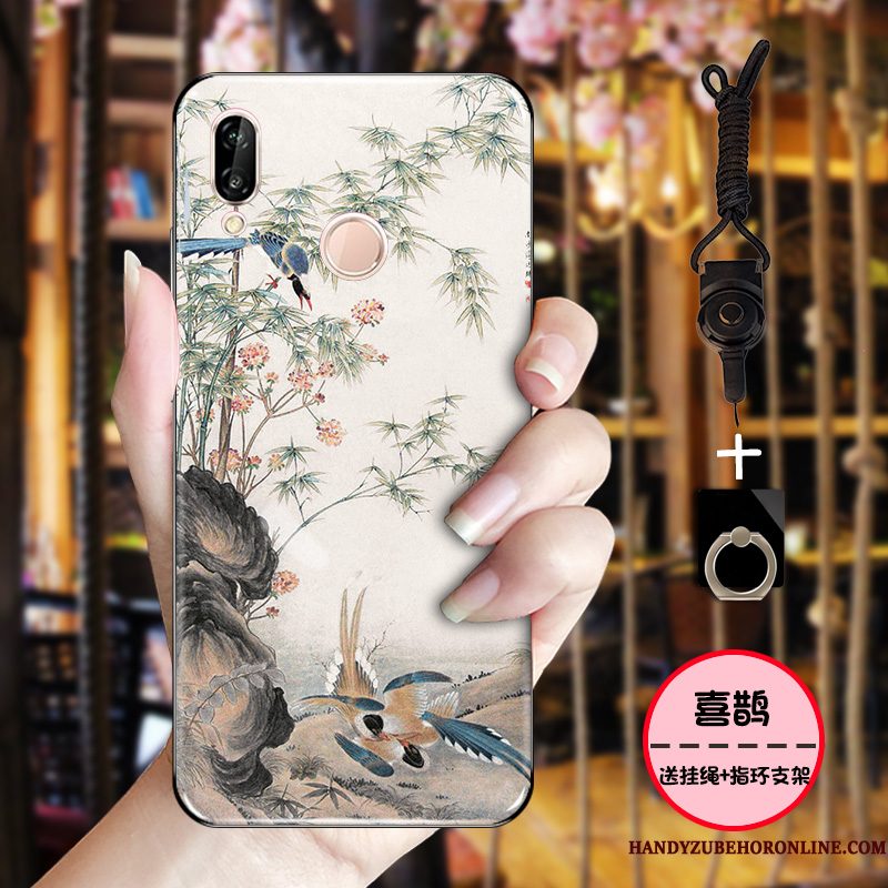 Hoesje Huawei P Smart+ Zacht Eenvoudige Inkt, Hoes Huawei P Smart+ Bescherming Chinese Stijl Roze