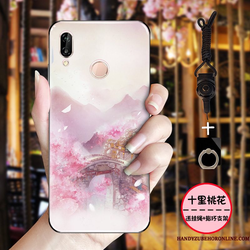 Hoesje Huawei P Smart+ Zacht Eenvoudige Inkt, Hoes Huawei P Smart+ Bescherming Chinese Stijl Roze