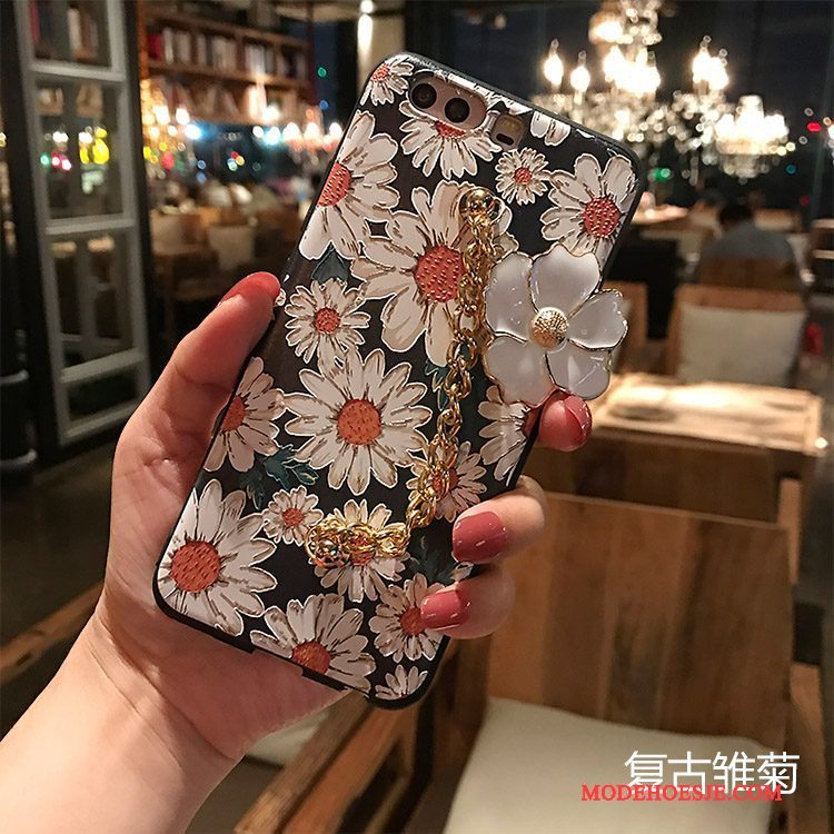 Hoesje Huawei P10 Siliconen Schrobben Bloemen, Hoes Huawei P10 Reliëf Zwarttelefoon