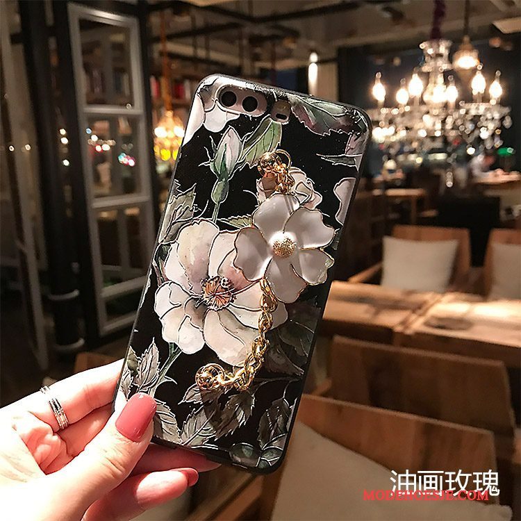 Hoesje Huawei P10 Siliconen Schrobben Bloemen, Hoes Huawei P10 Reliëf Zwarttelefoon