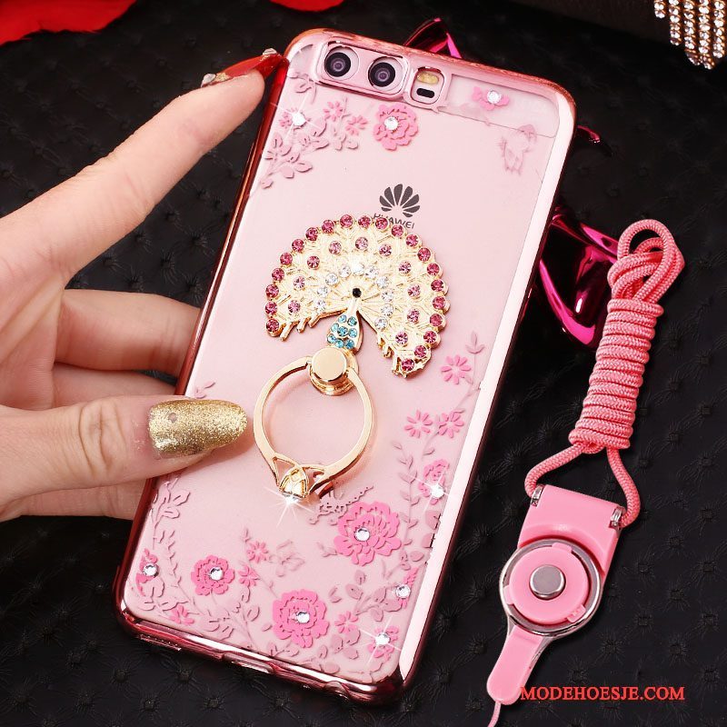 Hoesje Huawei P10 Strass Ring Opknoping Nek, Hoes Huawei P10 Siliconen Telefoon Roze