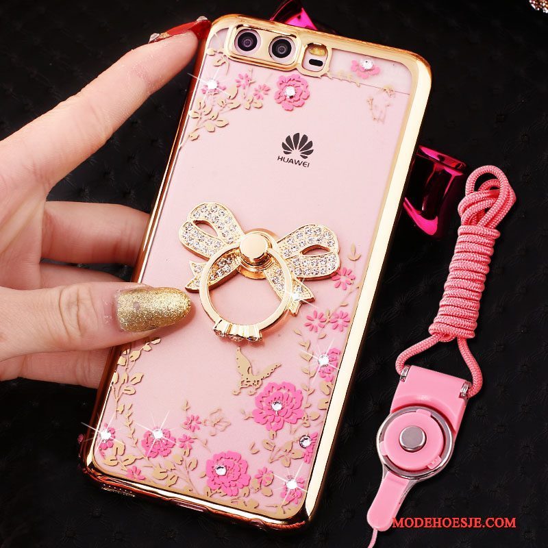 Hoesje Huawei P10 Strass Ring Opknoping Nek, Hoes Huawei P10 Siliconen Telefoon Roze