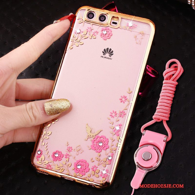 Hoesje Huawei P10 Strass Ring Opknoping Nek, Hoes Huawei P10 Siliconen Telefoon Roze