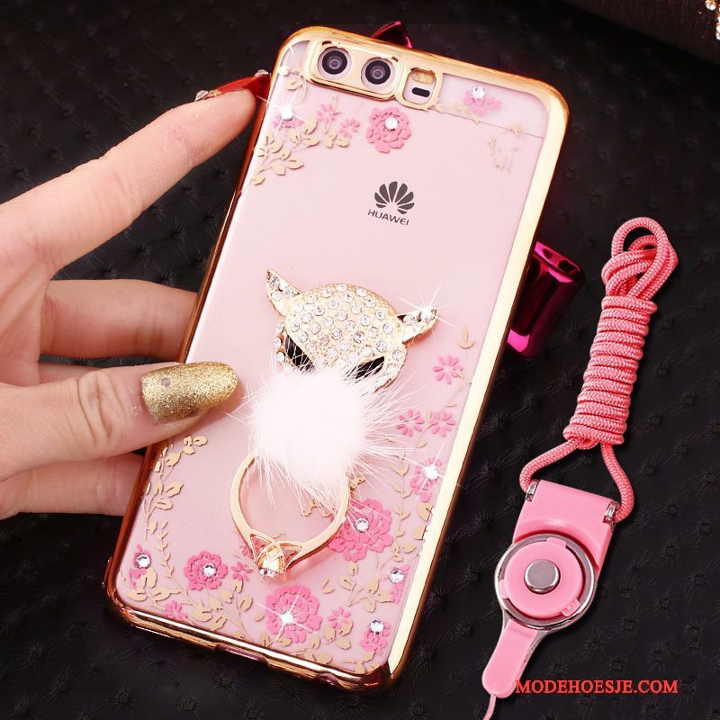 Hoesje Huawei P10 Strass Ring Opknoping Nek, Hoes Huawei P10 Siliconen Telefoon Roze