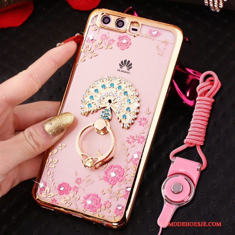 Hoesje Huawei P10 Strass Ring Opknoping Nek, Hoes Huawei P10 Siliconen Telefoon Roze