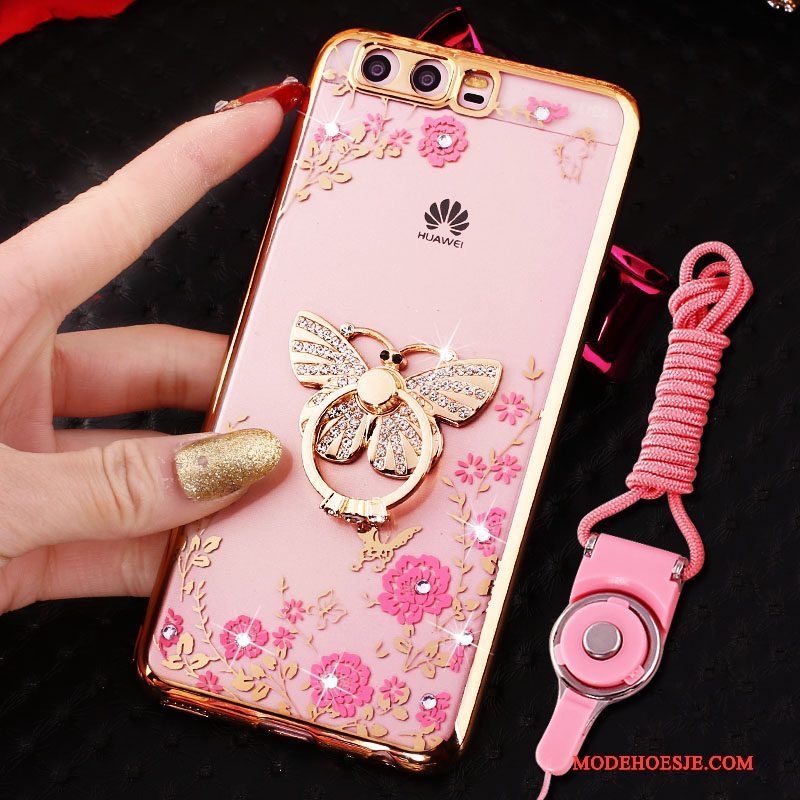 Hoesje Huawei P10 Strass Ring Opknoping Nek, Hoes Huawei P10 Siliconen Telefoon Roze