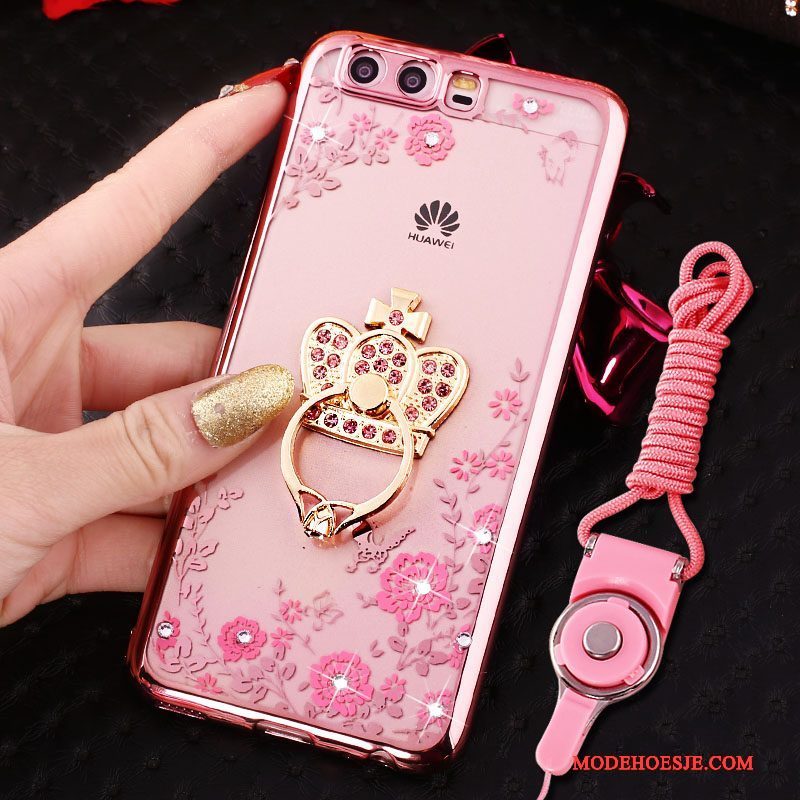 Hoesje Huawei P10 Strass Ring Opknoping Nek, Hoes Huawei P10 Siliconen Telefoon Roze