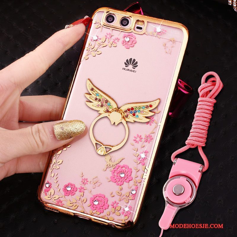 Hoesje Huawei P10 Strass Ring Opknoping Nek, Hoes Huawei P10 Siliconen Telefoon Roze