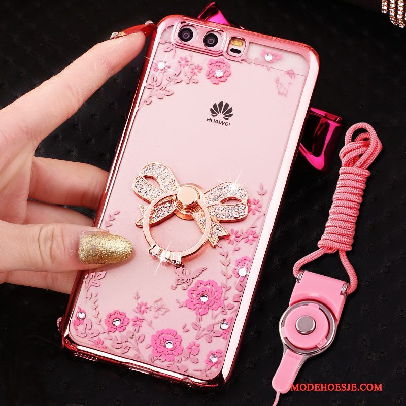 Hoesje Huawei P10 Strass Ring Opknoping Nek, Hoes Huawei P10 Siliconen Telefoon Roze