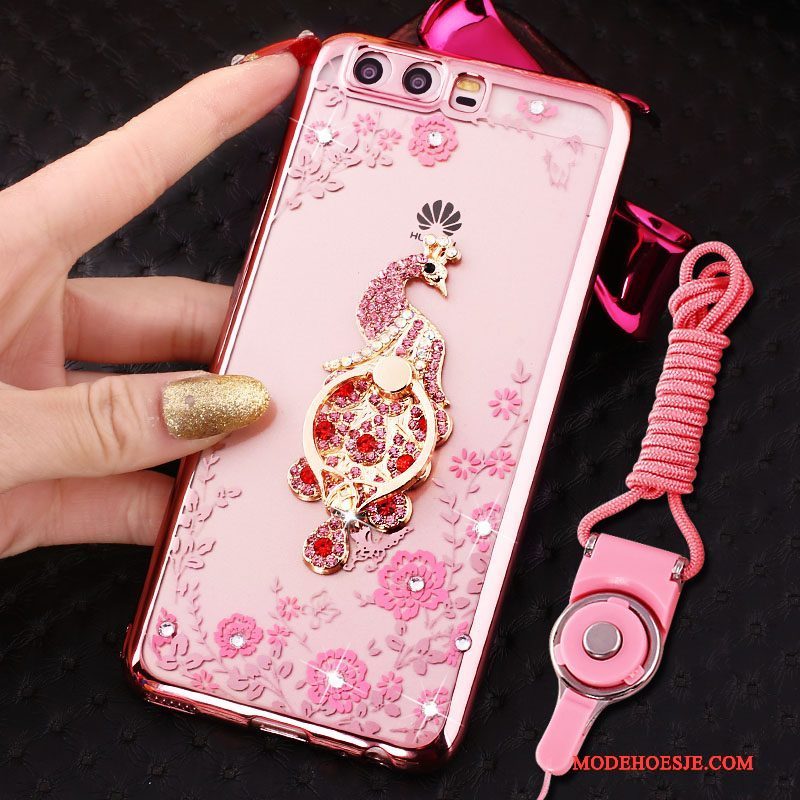 Hoesje Huawei P10 Strass Ring Opknoping Nek, Hoes Huawei P10 Siliconen Telefoon Roze