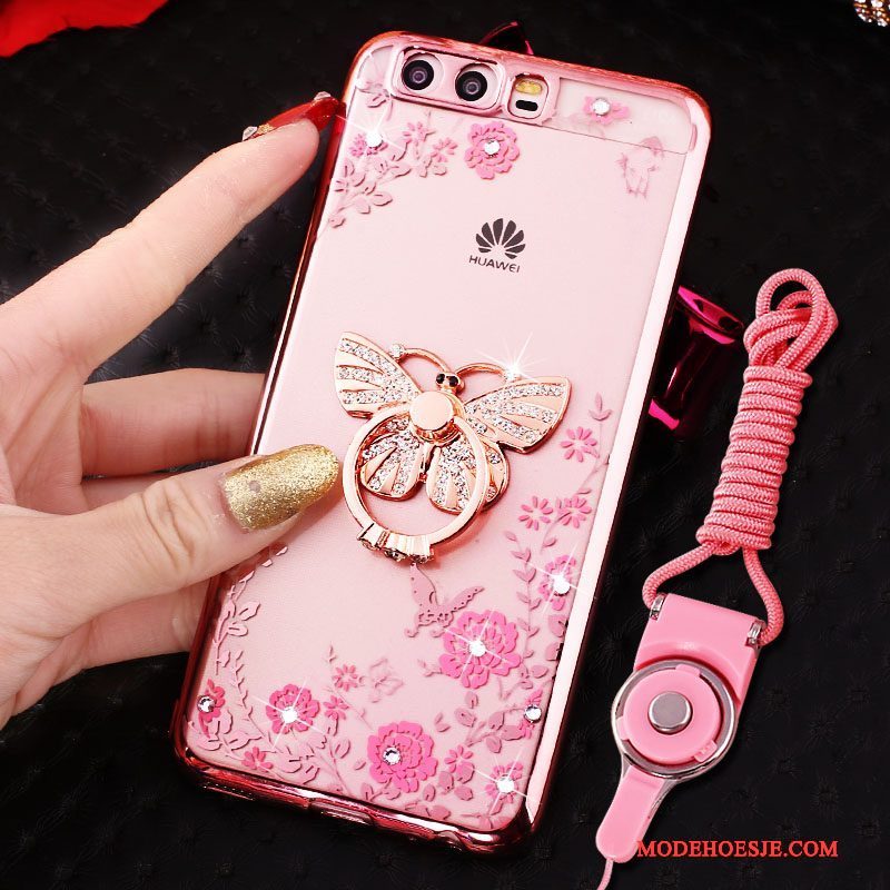 Hoesje Huawei P10 Strass Ring Opknoping Nek, Hoes Huawei P10 Siliconen Telefoon Roze