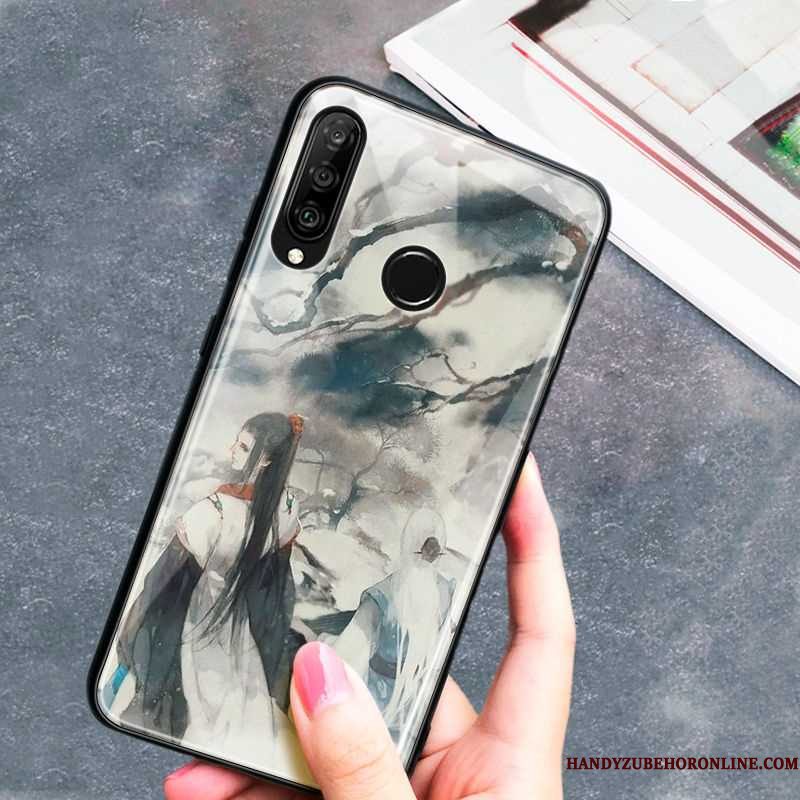 Hoesje Huawei P30 Lite Zacht Glas Kunst, Hoes Huawei P30 Lite Scheppend Chinese Stijl Groen