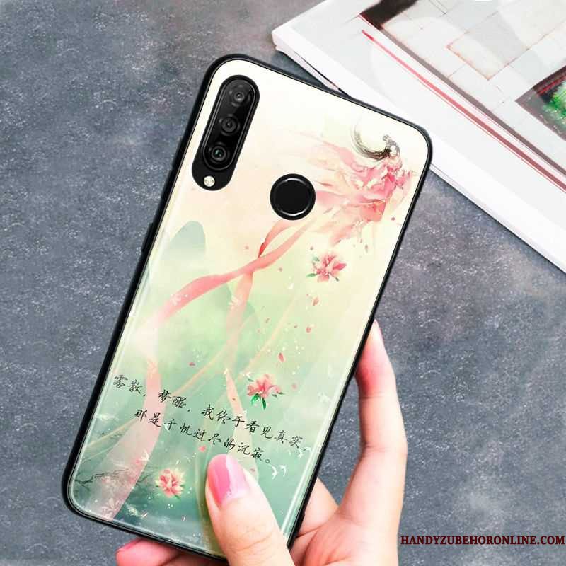 Hoesje Huawei P30 Lite Zacht Glas Kunst, Hoes Huawei P30 Lite Scheppend Chinese Stijl Groen