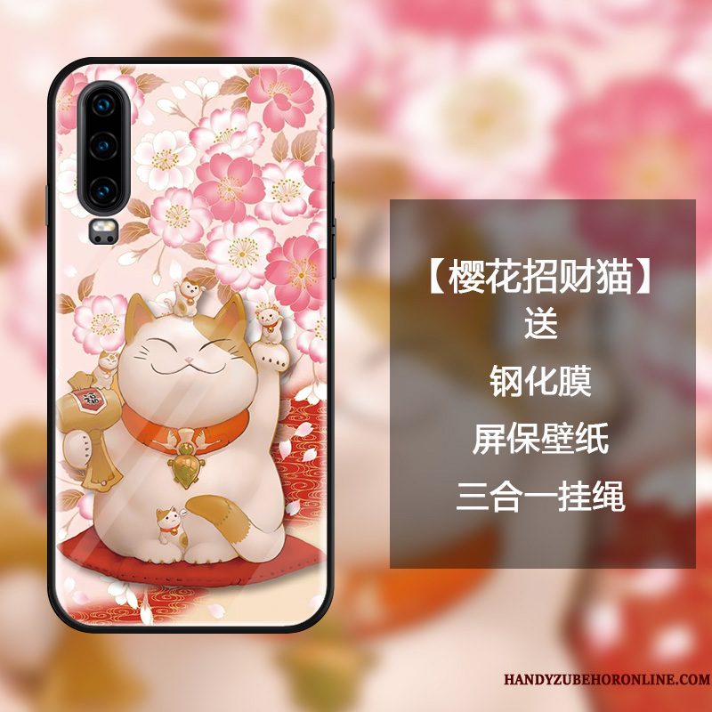 Hoesje Huawei P30 Zakken Hanger Kers, Hoes Huawei P30 Bescherming Kat Trendy Merk