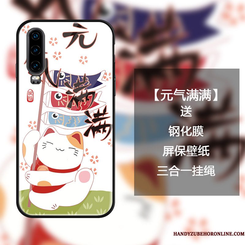 Hoesje Huawei P30 Zakken Hanger Kers, Hoes Huawei P30 Bescherming Kat Trendy Merk