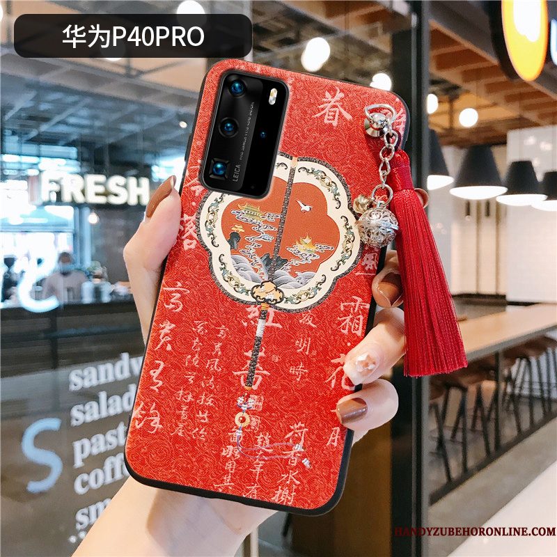 Hoesje Huawei P40 Pro Vintage Kwasten Rood, Hoes Huawei P40 Pro Bescherming Roze Chinese Stijl